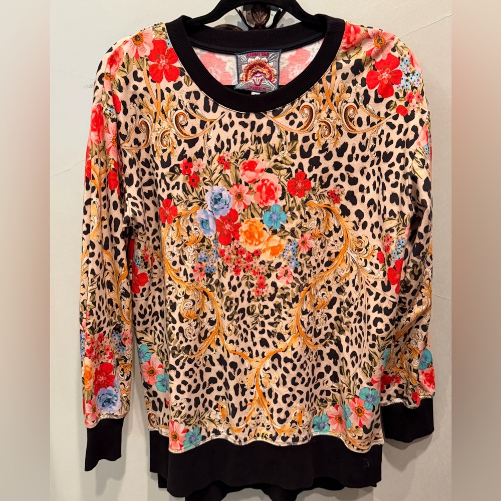 Johnny Was Multicolor Floral & Leopard-Print Long Sleeve Top